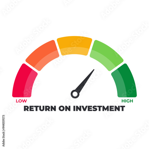 Return on investment, ROI Level Meter, measuring scale, speedometer, indicator. Low to High, From red to green level, Meter, Vector stock illustration. Profit, Cash back, Gain, Loose