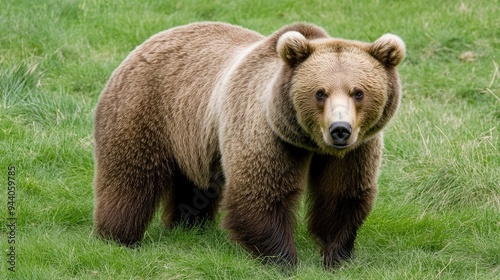 A brown bear stands tall in a grassy forest meadow, showcasing its strength and sharp claws while surrounded by blooming wildflowers under soft morning light