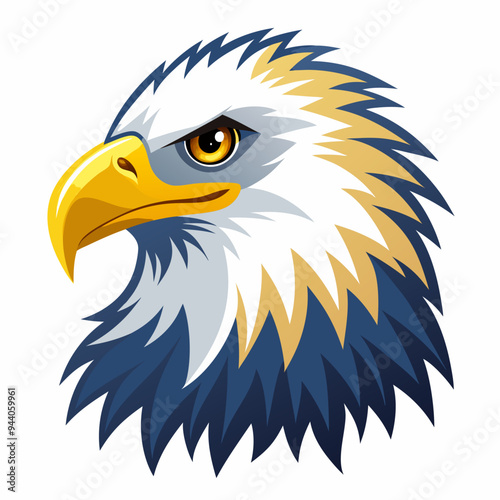 Close-up illustration of a bald eagle's head with a sharp gaze