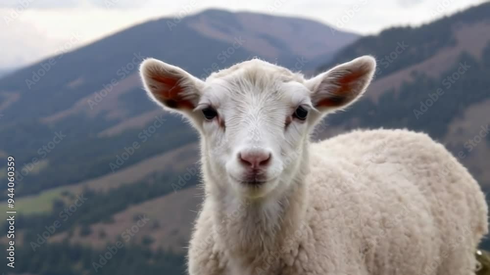 A serene close up of a sheep in a mountainous landscape, capturing the peaceful rural setting with soft focus and natural light A serene close up of a sheep in a mountainous landscape, capturing the peaceful rural setting with soft focus and natural light