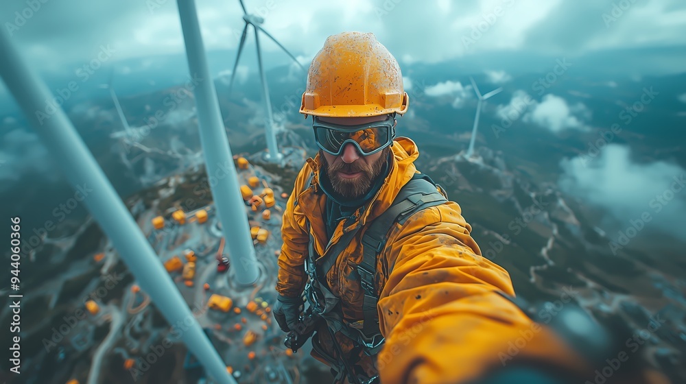 Fototapeta premium Wind Turbine Technician on a Wind Farm.