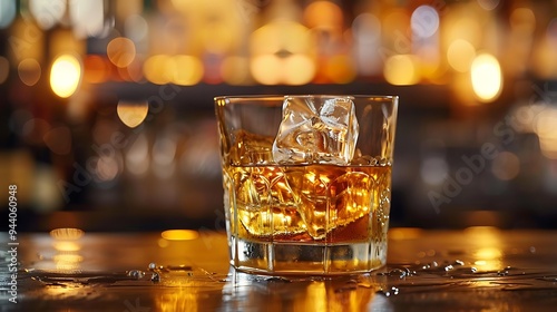 An elegant whiskey on the rocks, with large, clear ice cubes in a tumbler glass, placed on a dark wooden bar with a soft