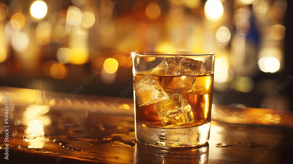An elegant whiskey on the rocks, with large, clear ice cubes in a tumbler glass, placed on a dark wooden bar with a soft