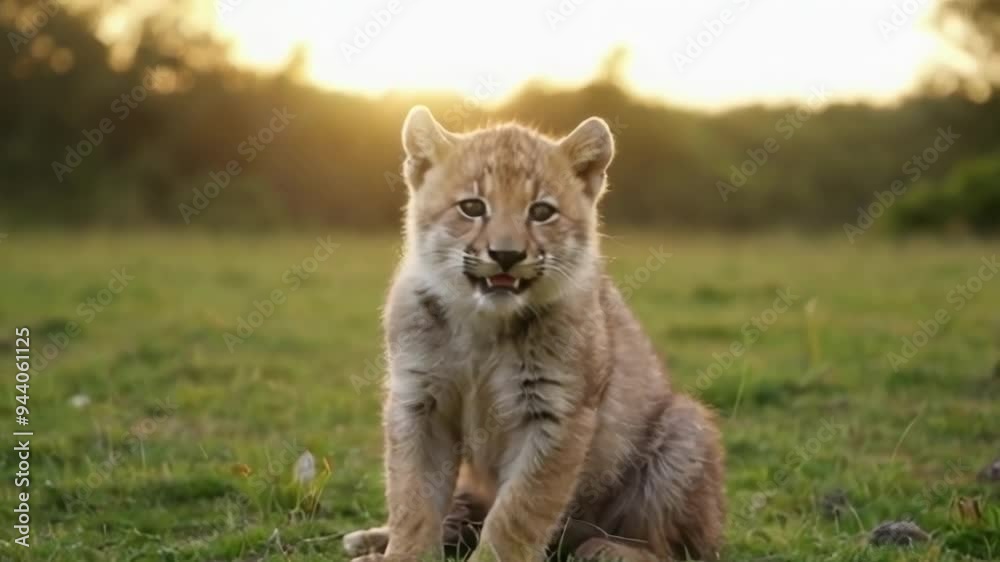 A young lion cub seated in a lush green field during sunset, exuding playfulness and curiosity in a serene atmosphere