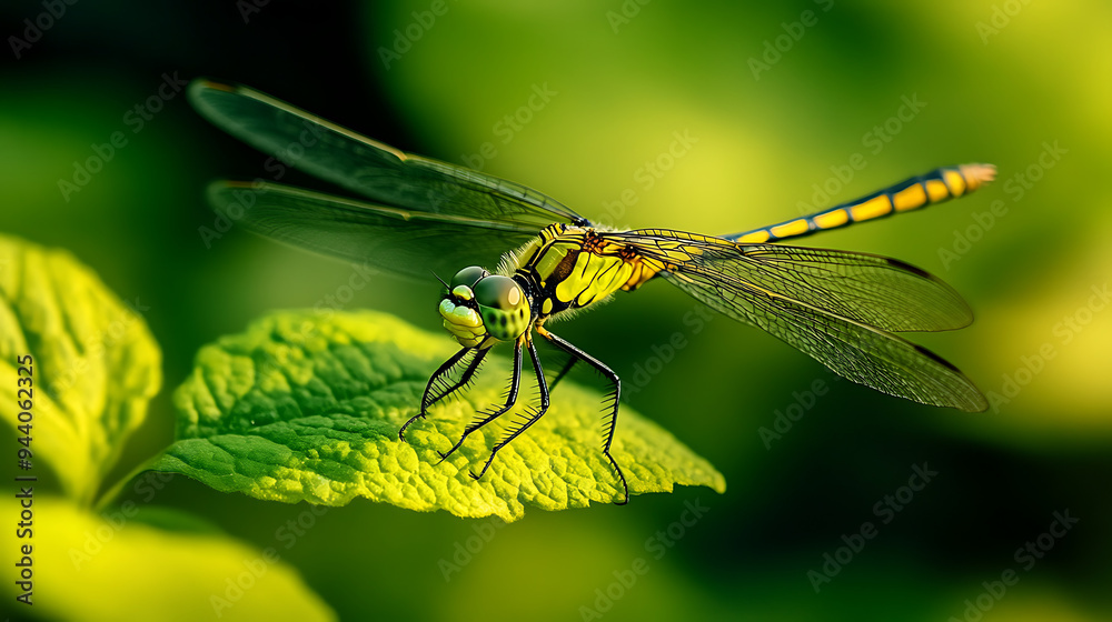 A vibrant green and yellow dragonfly perched on a lush green leaf A vibrant green and yellow dragonfly perched on a lush green leaf