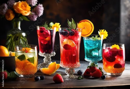 vibrant colorful drinks elegant glassware adorned striking garnishes stunning beverage presentation, artistic, artisan, barware, bubbly, chic, chilled, cocktail