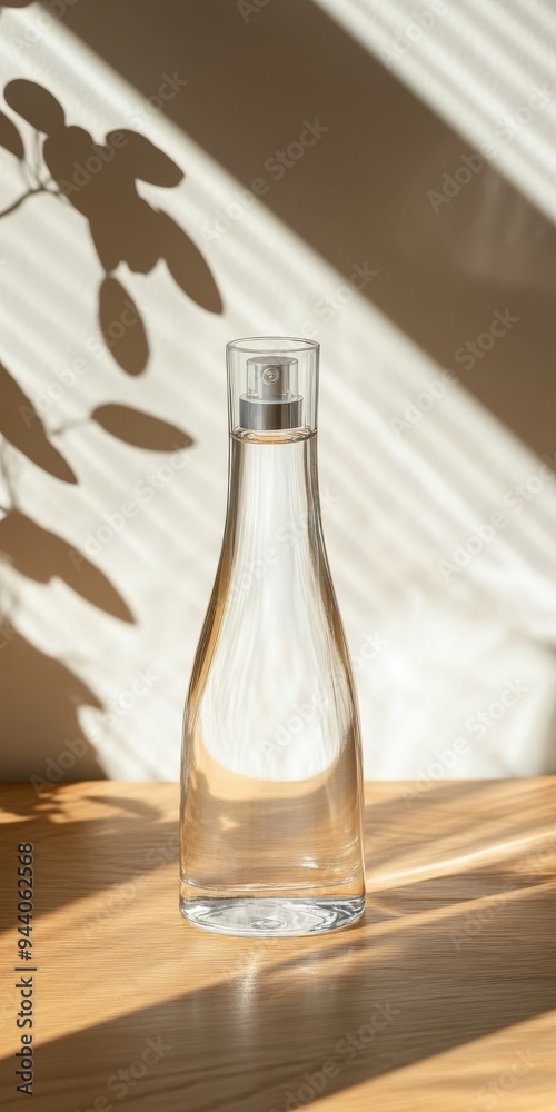 Elegant glass shampoo bottle on wooden table with soft daylight