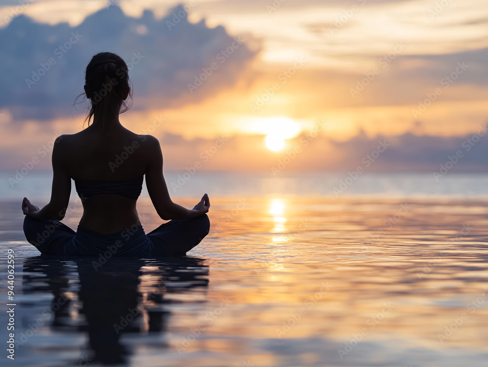 Silhouette of young woman practicing yoga on the beach at sunset Silhouette of young woman practicing yoga on the beach at sunset