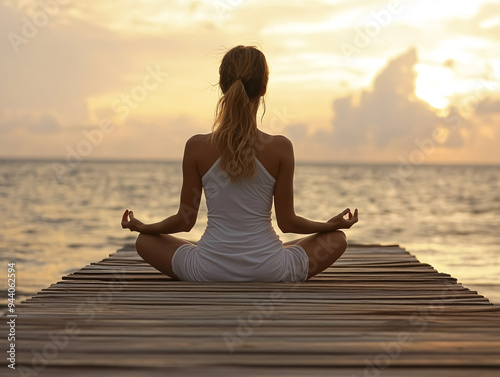 Young woman practicing yoga at sunrise on a wooden pier by the sea