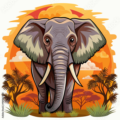 Elephant Standing in African Savanna with Sunset in Background