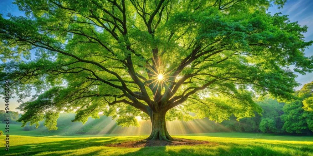 Fototapeta premium Sunlight Filtering Through a Lush Canopy, Low Angle Perspective, Vibrant Green Foliage, Tranquil Forest Scene