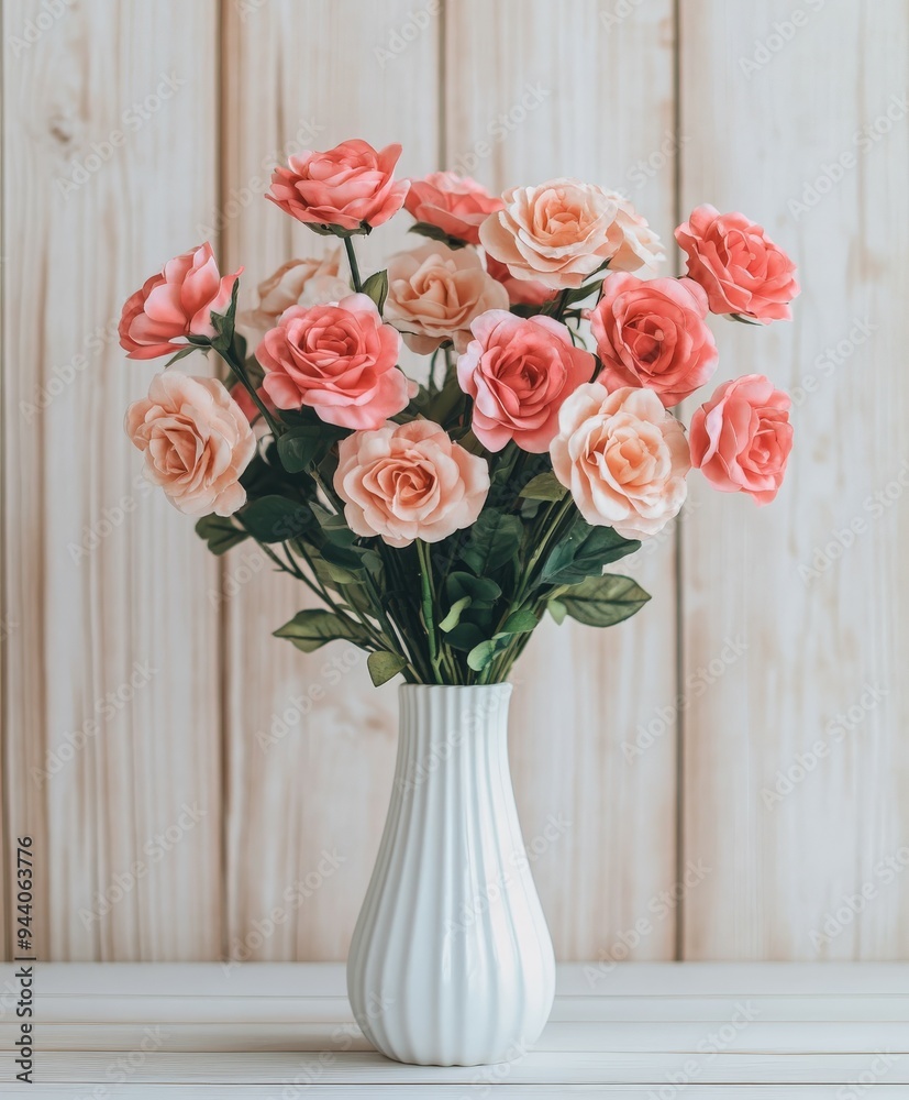 Beautiful bouquet of pink and peach roses in a ceramic vase Beautiful bouquet of pink and peach roses in a ceramic vase