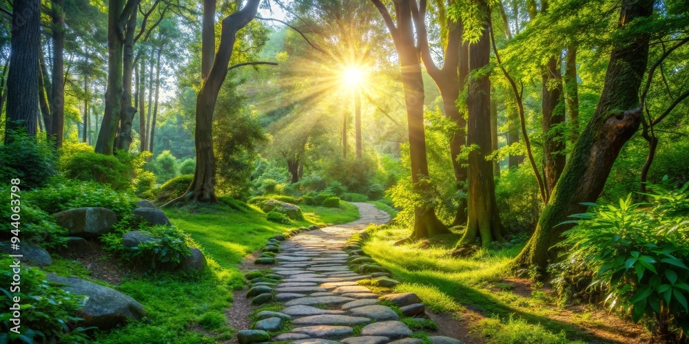 Sunlight Streaming Through the Trees on a Stone Path in a Lush Forest Sunlight Streaming Through the Trees on a Stone Path in a Lush Forest