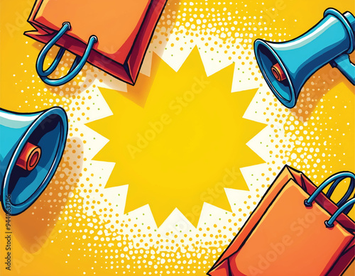 a pop art cartoon drawing of megaphones and shopping bags with speech bubble on center