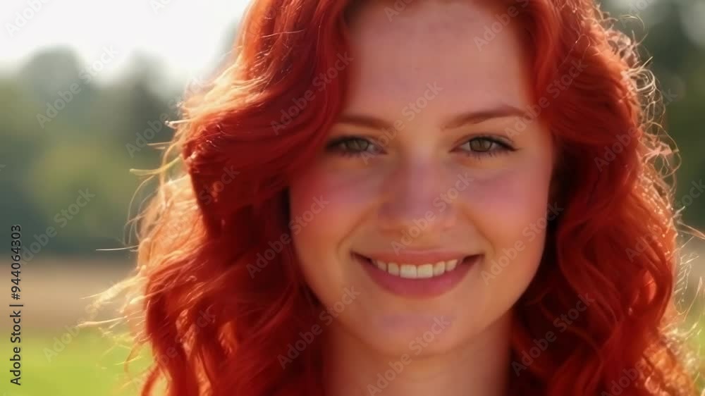 A close up portrait of a smiling woman with red hair, set in a serene outdoor environment, conveying joy and warmth A close up portrait of a smiling woman with red hair, set in a serene outdoor environment, conveying joy and warmth