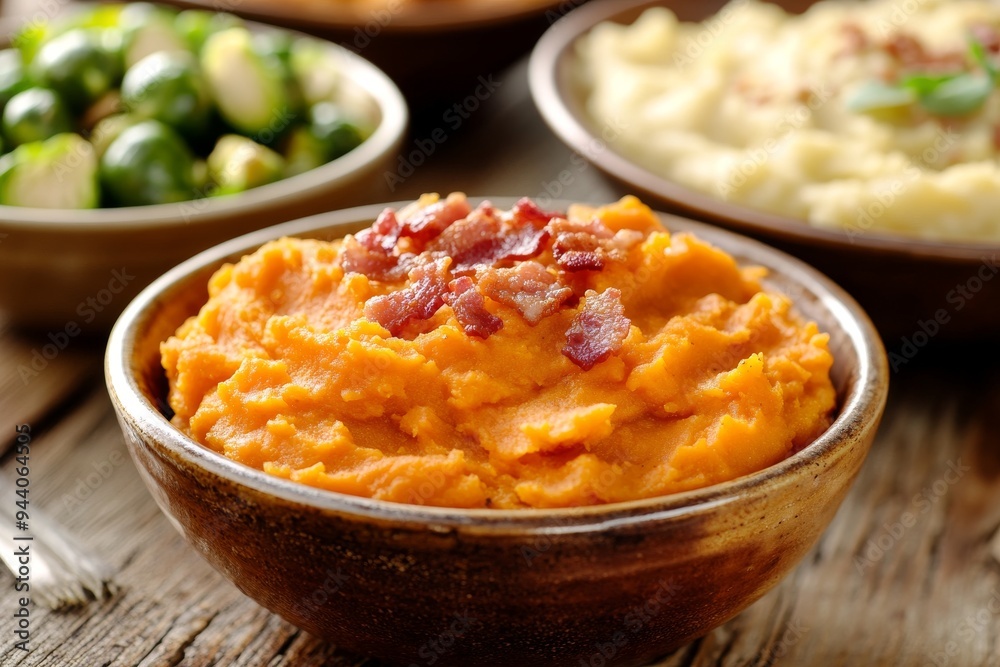 A Thanksgiving dinner with side dishes on a wood background. A Thanksgiving dinner with side dishes on a wood background.