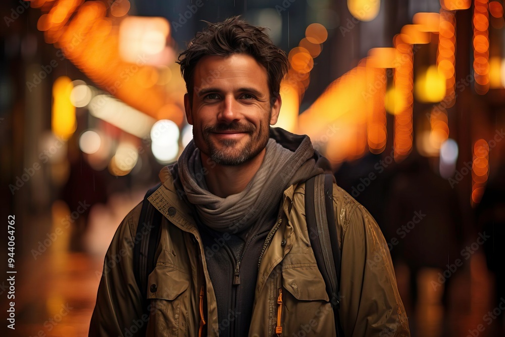 A cheerful man stands in a vibrant street filled with warm lights, exuding confidence and a relaxed vibe in an urban setting. A cheerful man stands in a vibrant street filled with warm lights, exuding confidence and a relaxed vibe in an urban setting.