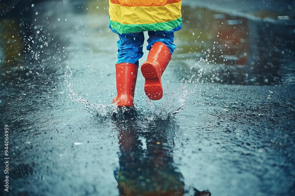 Fototapeta premium A child splashes in puddles wearing colorful rain boots, capturing the joy of rain on a wet day.