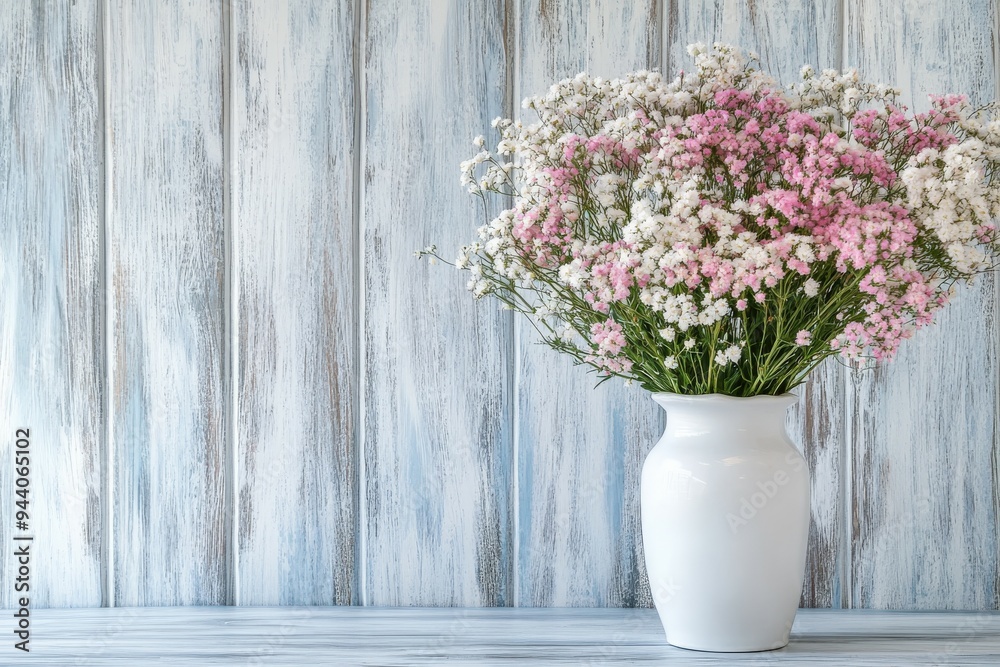 Delicate pink and white flowers in a vase on a rustic wooden table Delicate pink and white flowers in a vase on a rustic wooden table