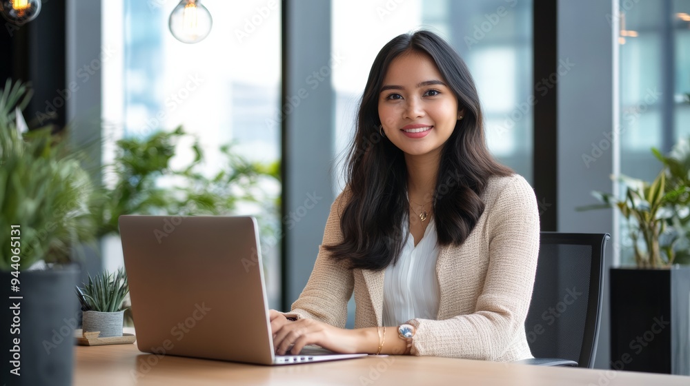 A beautiful Asian businesswoman works intently on her laptop in a vibrant office A beautiful Asian businesswoman works intently on her laptop in a vibrant office
