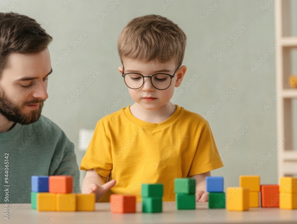 Therapy session with an autistic child and a therapist using sensory toys, special needs intervention, focused support Therapy session with an autistic child and a therapist using sensory toys, special needs intervention, focused support