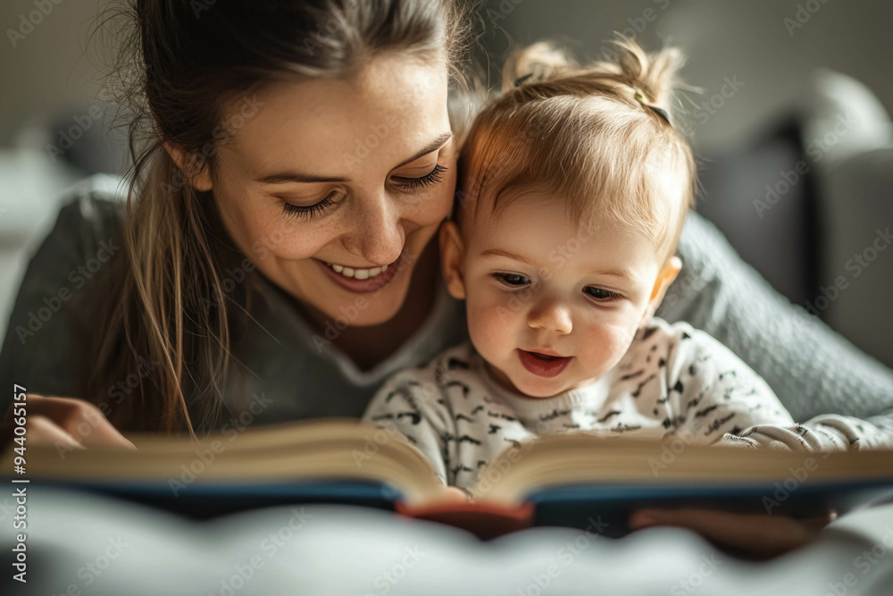 Cozy Moment With Mother and Baby Reading Together a Colorful Animal Book Cozy Moment With Mother and Baby Reading Together a Colorful Animal Book