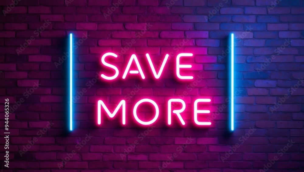 Obraz premium neon backlit style of the word save more on a brick wall background
