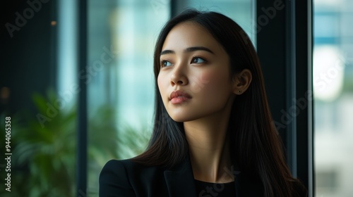Wallpaper Mural A confident business woman gazes thoughtfully out the window in her stylish office attire Torontodigital.ca