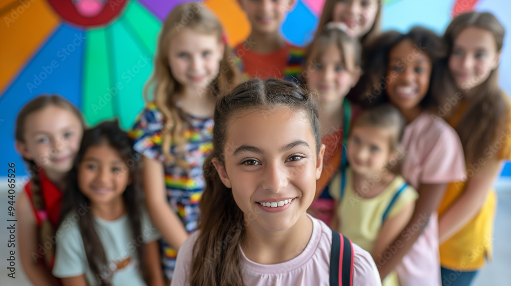 Fototapeta premium Kids with Teacher on First Day: A group of kids gathered around their teacher, ready to start the new school year with enthusiasm, with copy space