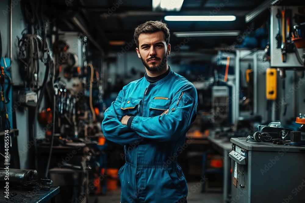 A confident technician stands in a workshop surrounded by tools, embodying professionalism and expertise in his field. A confident technician stands in a workshop surrounded by tools, embodying professionalism and expertise in his field.