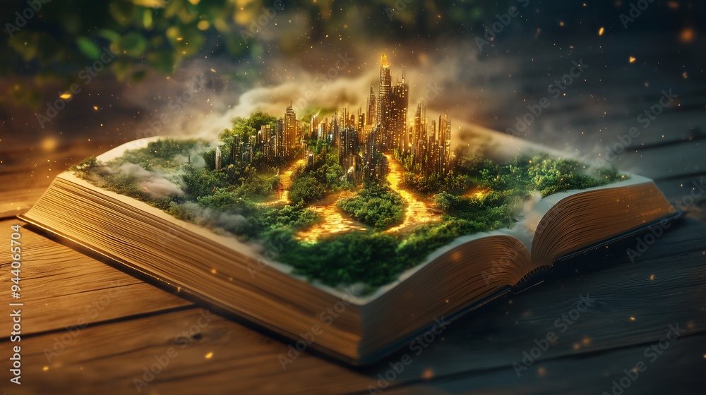 Fototapeta premium Książka otwierająca portal do fantastycznego świata. Z kart książki wyrastają niesamowite krajobrazy, pełne magicznych stworzeń, latających wysp, smoków i baśniowych zamków.