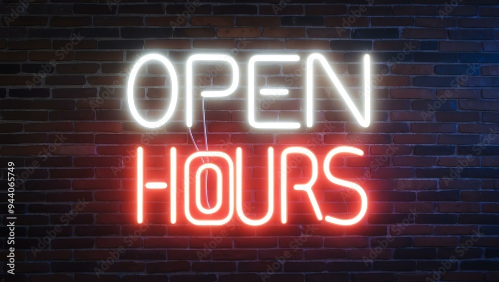 Obraz premium neon backlit style of the word open hours on a brick wall background