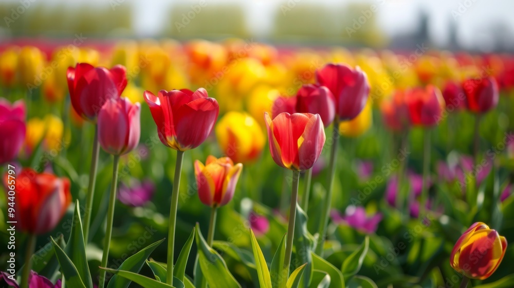 A breathtaking field of vibrant tulips in varying colors blooms under spring skies, showcasing the beauty and vibrancy of nature, symbolizing joy, renewal, and life. A breathtaking field of vibrant tulips in varying colors blooms under spring skies, showcasing the beauty and vibrancy of nature, symbolizing joy, renewal, and life.