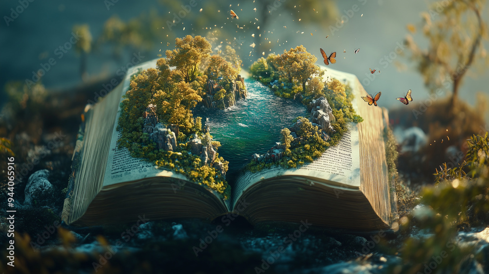 Fototapeta premium Książka otwierająca portal do fantastycznego świata. Z kart książki wyrastają niesamowite krajobrazy, pełne magicznych stworzeń, latających wysp, smoków i baśniowych zamków.