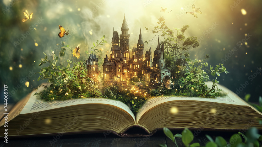Naklejka premium Książka otwierająca portal do fantastycznego świata. Z kart książki wyrastają niesamowite krajobrazy, pełne magicznych stworzeń, latających wysp, smoków i baśniowych zamków.