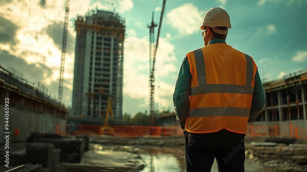 A construction worker observes the skyline as cranes tower over a developing high-rise building site during sunset. A construction worker observes the skyline as cranes tower over a developing high-rise building site during sunset.