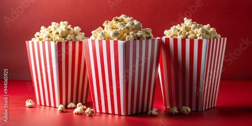 Three Red and White Striped Popcorn Boxes on a Red Background photo