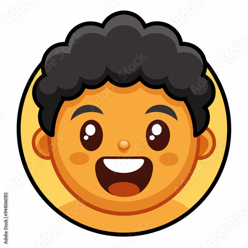 Cartoon Illustration of a Happy Boy with Curly Black Hair