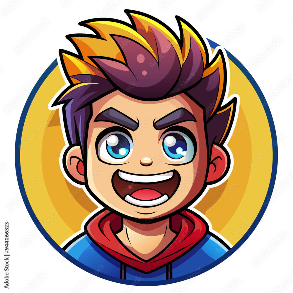 Cartoon Portrait of a Smiling Boy with Spiky Yellow and Purple Hair
