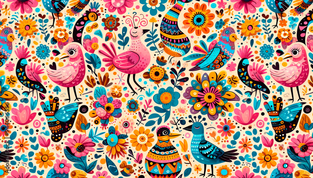 Seamless cartoon pattern of birds and flowers in bright colors for children