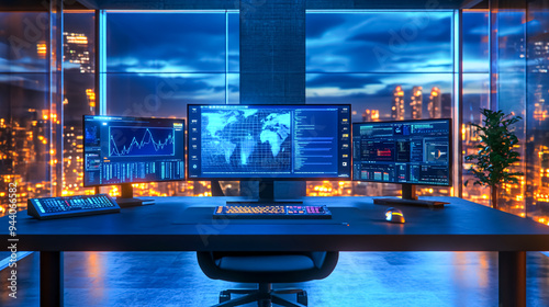 Computer monitors with stock market data on table in office. 3D rendering