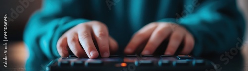 Close-up of a communication device used by an autistic child, assistive technology, special needs empowerment