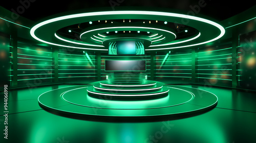 3D rendering of a green round podium in a dark room with lights