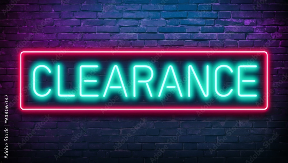 Fototapeta premium neon backlit style of the word clearance on a brick wall background