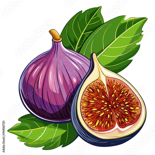 Whole and Sliced Fig with Green Leaves