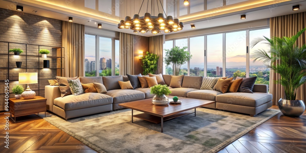 Urban Oasis Modern Living Room with Herringbone Floors and City View - 3D Rendering Urban Oasis Modern Living Room with Herringbone Floors and City View - 3D Rendering