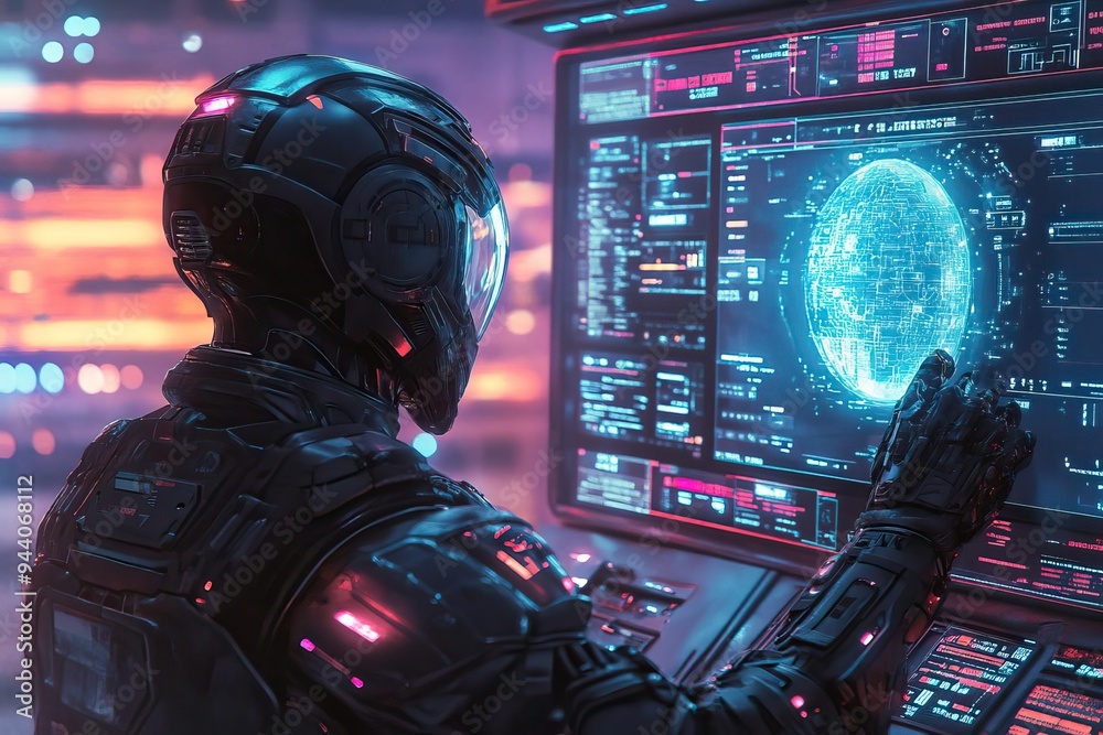 A futuristic astronaut interacting with advanced technology while monitoring a digital display in a sci-fi environment. A futuristic astronaut interacting with advanced technology while monitoring a digital display in a sci-fi environment.
