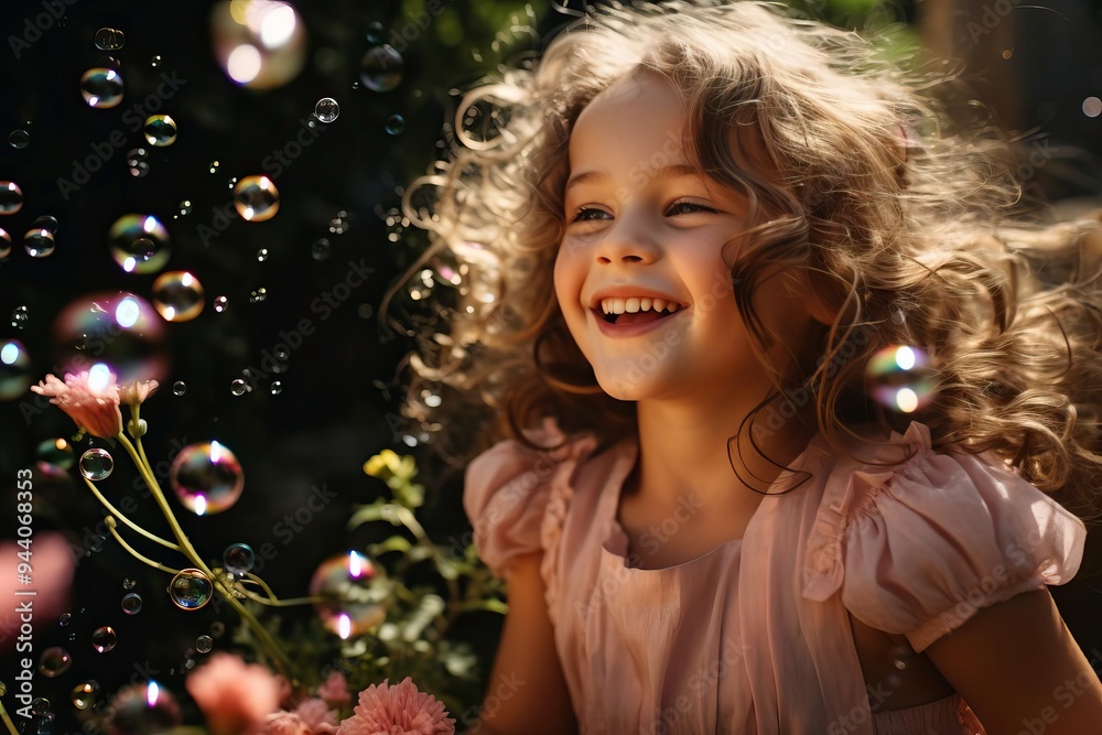 A joyful child surrounded by bubbles and flowers, capturing the essence of happiness and carefree childhood moments.