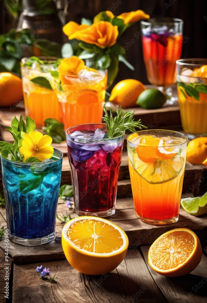 vibrant beverages displayed colorful garnishes rustic wooden tabletop capturing lively refreshment scene, drink, cocktail, glass, fruit, ice, lemon, mint vibrant beverages displayed colorful garnishes rustic wooden tabletop capturing lively refreshment scene, drink, cocktail, glass, fruit, ice, lemon, mint
