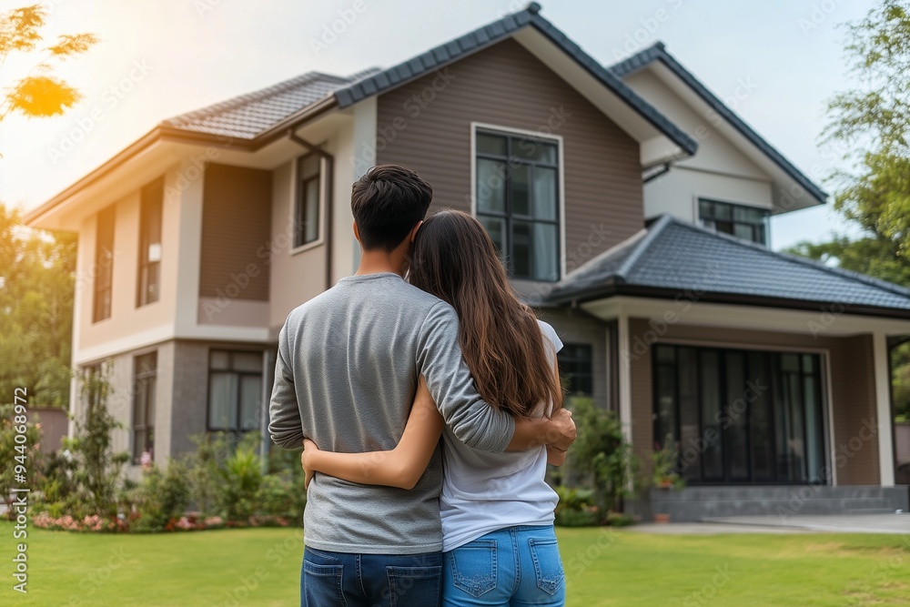 Rear view of couple hugging in front of a new house Rear view of couple hugging in front of a new house